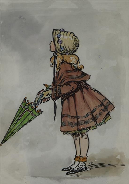 An ink and watercolour study of a girl, initialled EE, 29 x 20cm
